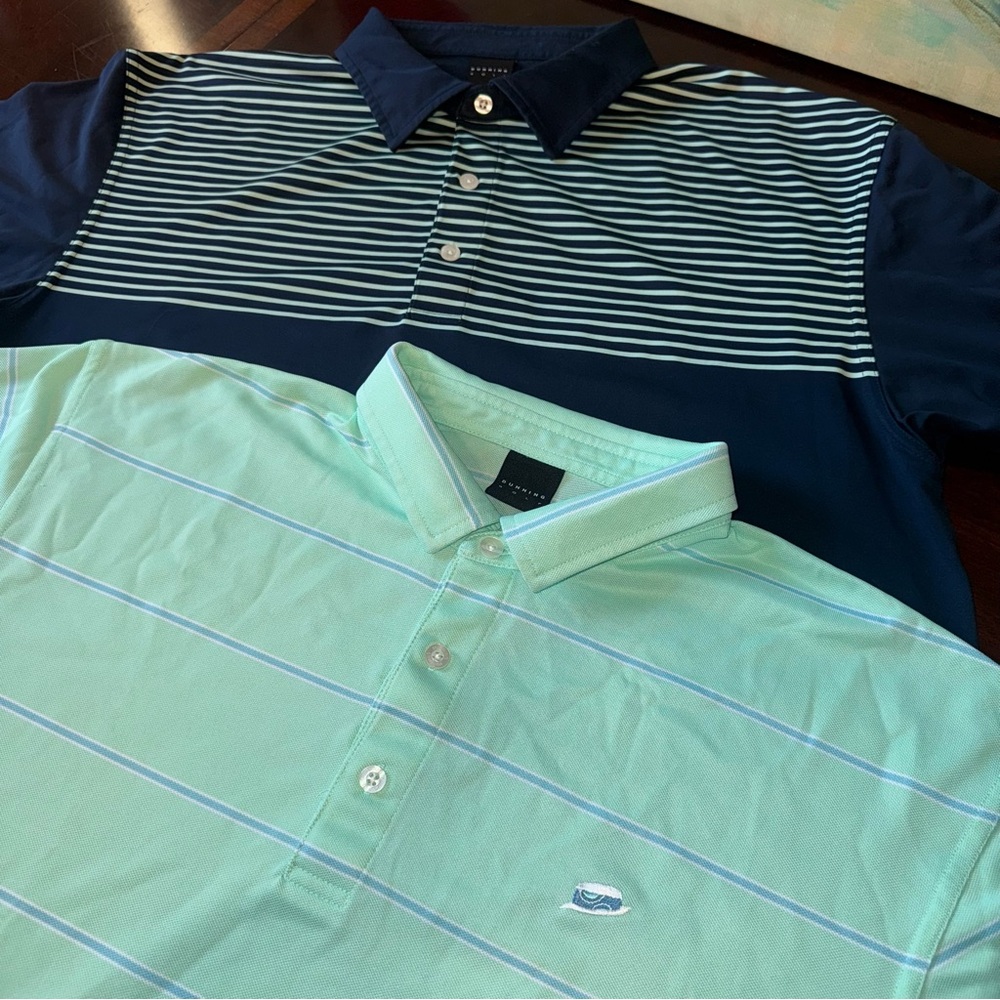 LOT OF 2 - Dunning Golf Polo Shirt Mens Aqua Wide Striped Fidora & Navy Blue XL